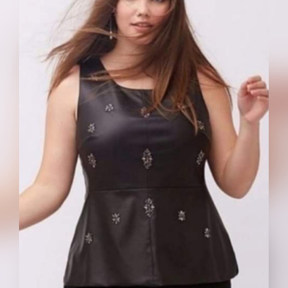 Lane Bryant Faux Leather Peplum Embellished Top Size14 Black Sleeveless